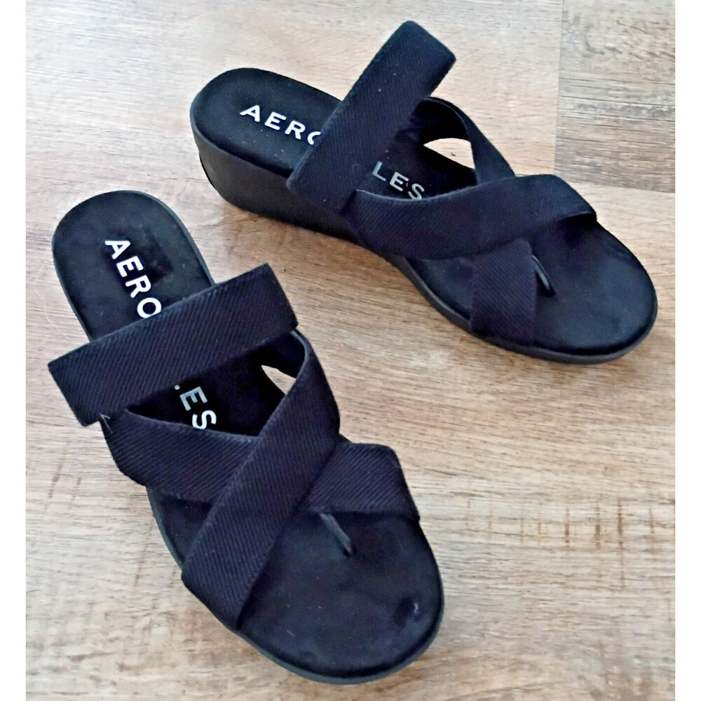 Aerosoles black Ilona Women's Wedge Strappy Cushioned Footbed Sandal 9 Worn Once